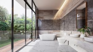 Modern luxury bathroom with tropical style garden